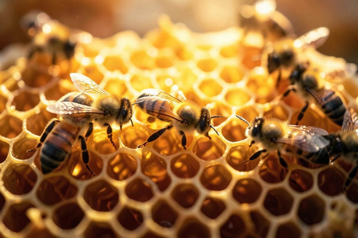 Abelhas trabalhando em um favo de mel dourado, com as células hexagonais brilhando à contraluz