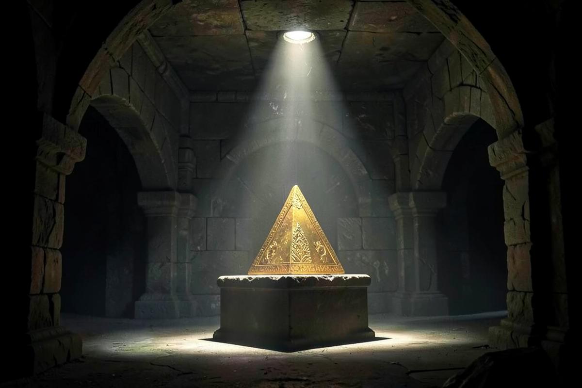 Abóbada de pedra subterrânea com uma placa triangular dourada iluminada por um feixe de luz