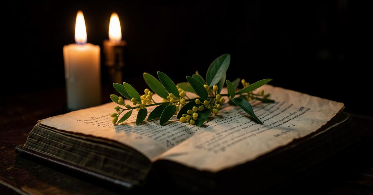 Ramo de acácia sobre livro ritual antigo à luz de velas