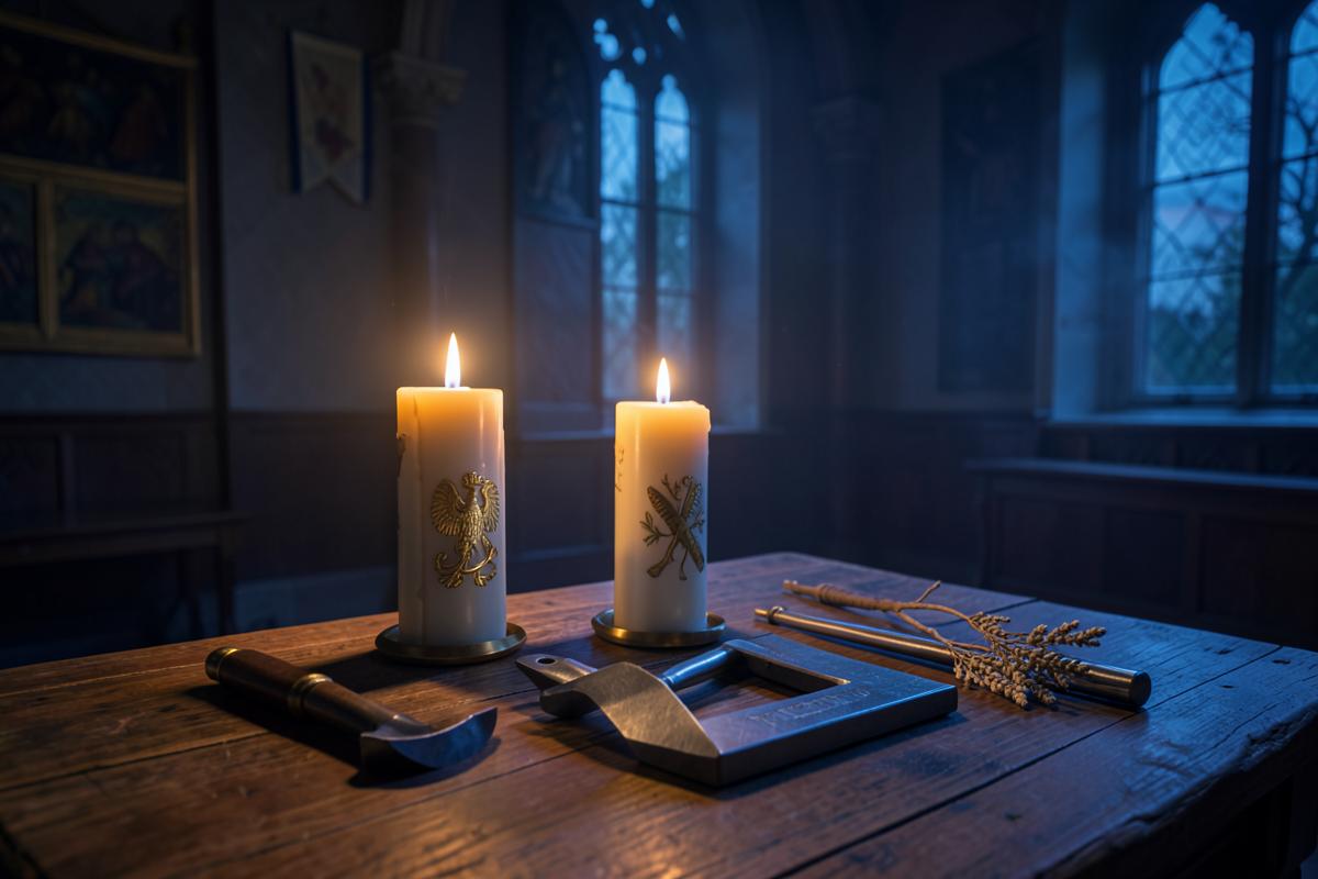 Ferramentas simbólicas e velas em templo maçônico ao entardecer