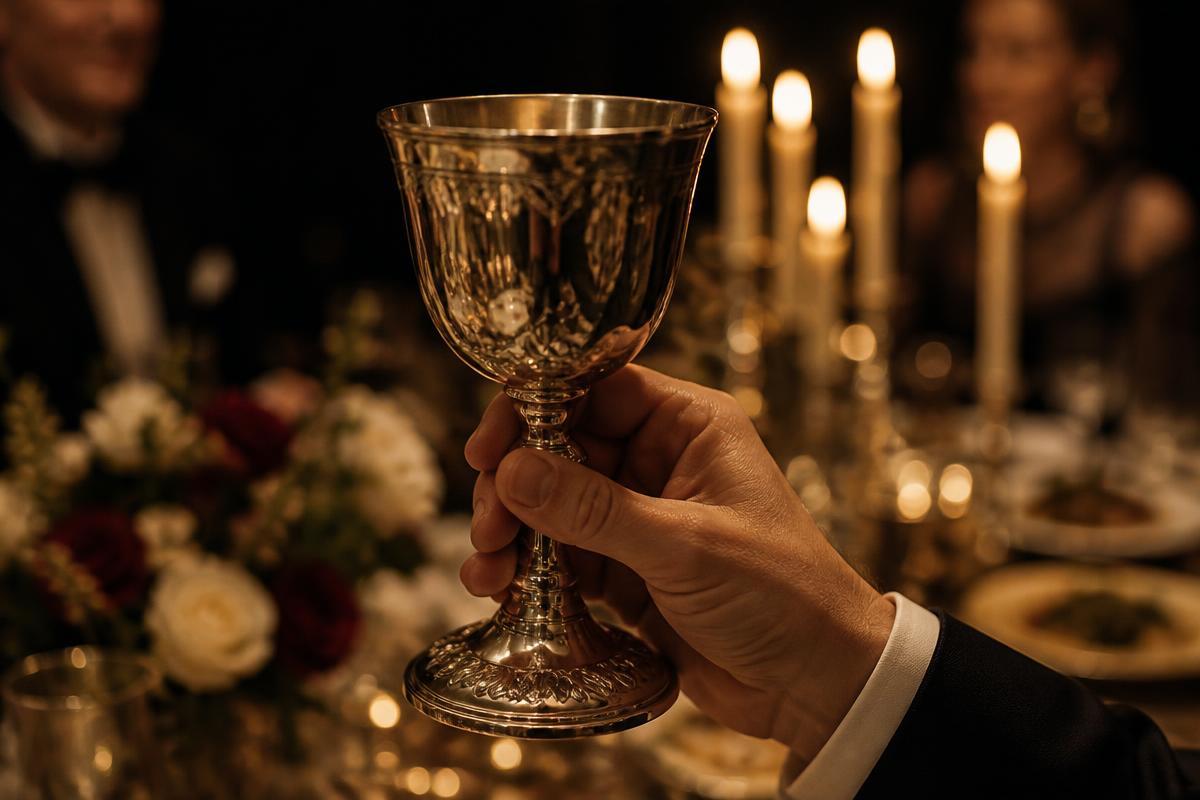 Taça de prata erguida em brinde durante um jantar formal à luz de velas