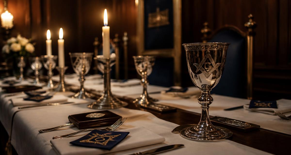 Mesa de banquete maçônico posta à luz de velas, com taças de prata gravadas com esquadro e compasso