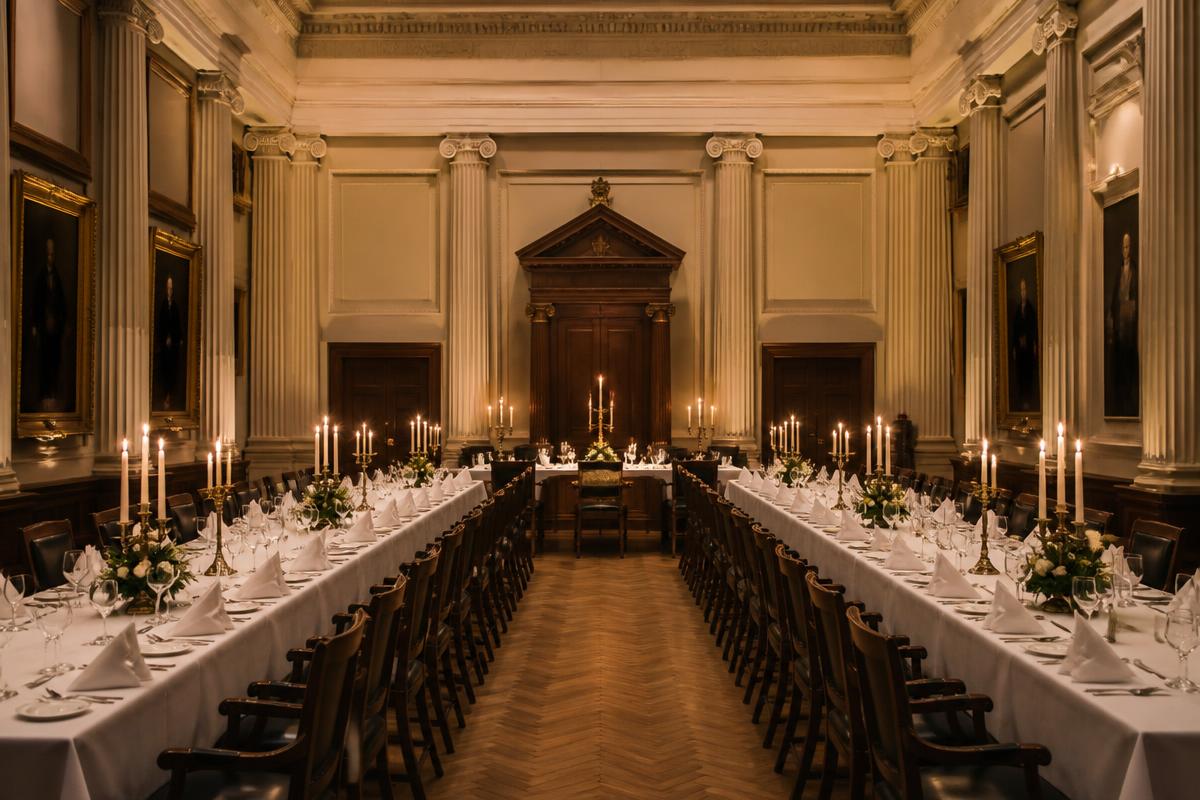 Salão de banquetes clássico com mesas longas postas e candelabros acesos