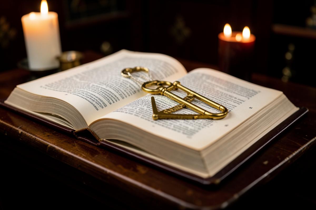 Livro aberto sobre altar de madeira com esquadro e compasso apoiados nas páginas, iluminado por velas