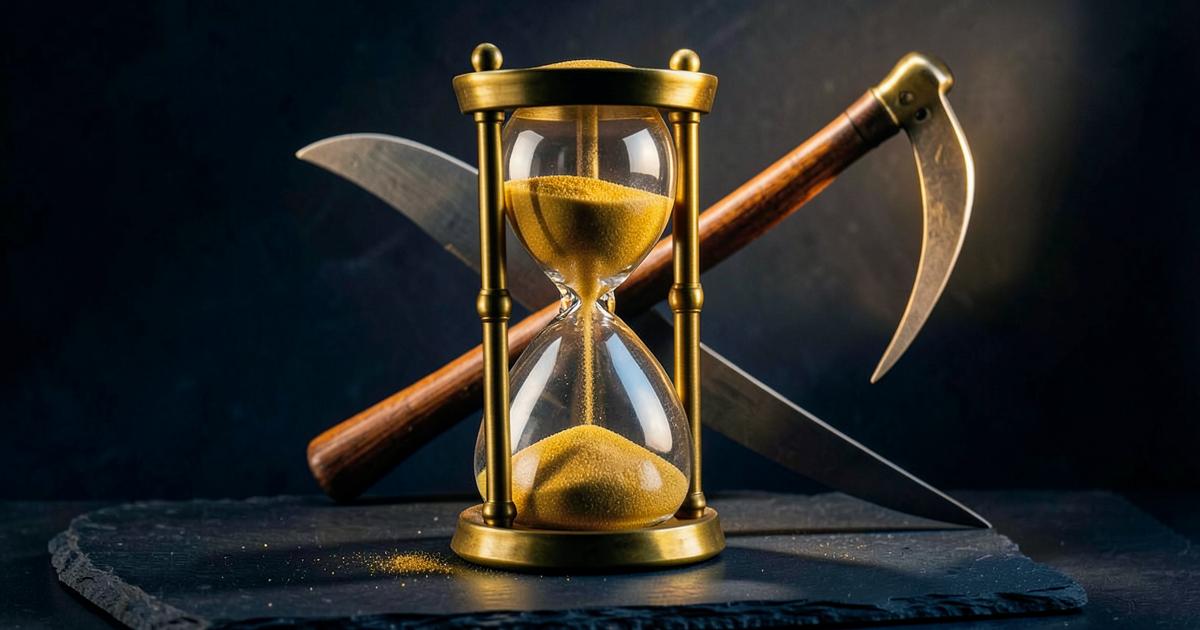 Ampulheta de bronze com areia dourada e foice cruzada, emblemas maçônicos do tempo e da mortalidade