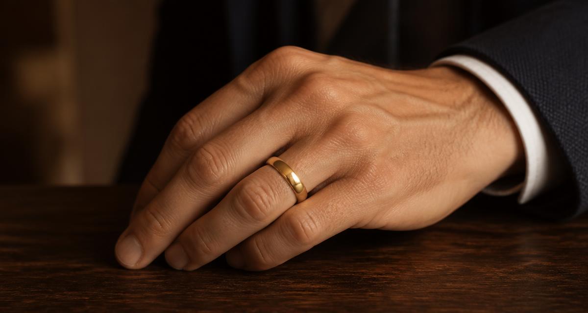 Mão masculina apoiada em mesa de madeira usando um anel dourado no dedo anular