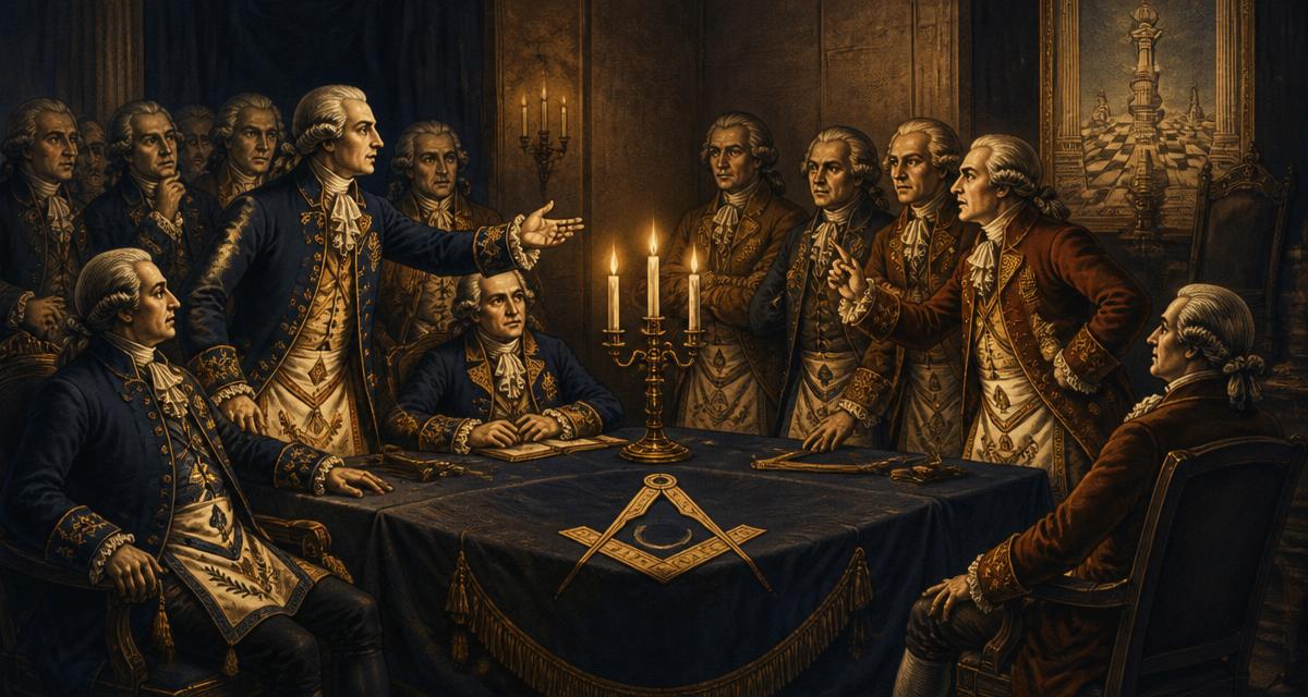 Maçons ingleses do século XVIII reunidos em torno de mesa com esquadro e compasso, representando a disputa entre Antigos e Modernos