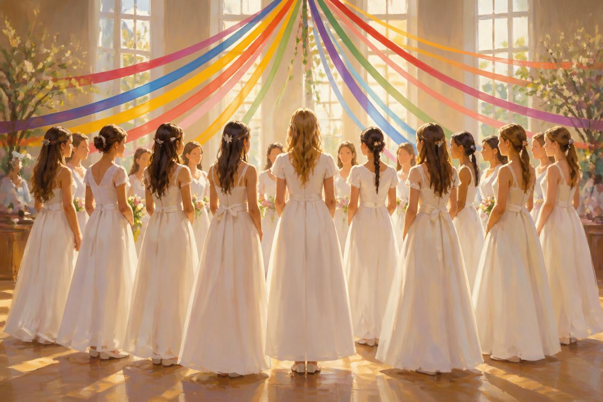 Jovens em vestidos brancos reunidas em semicírculo sob fitas coloridas