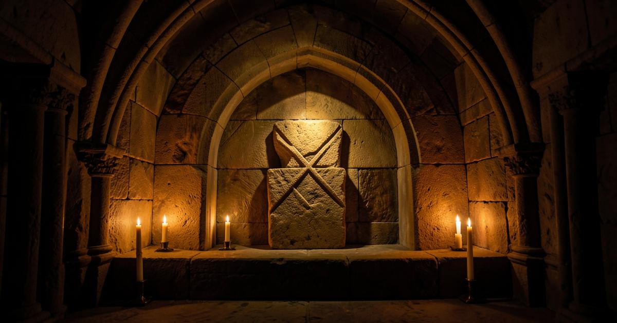 Arco de pedra com pedra angular iluminado por velas