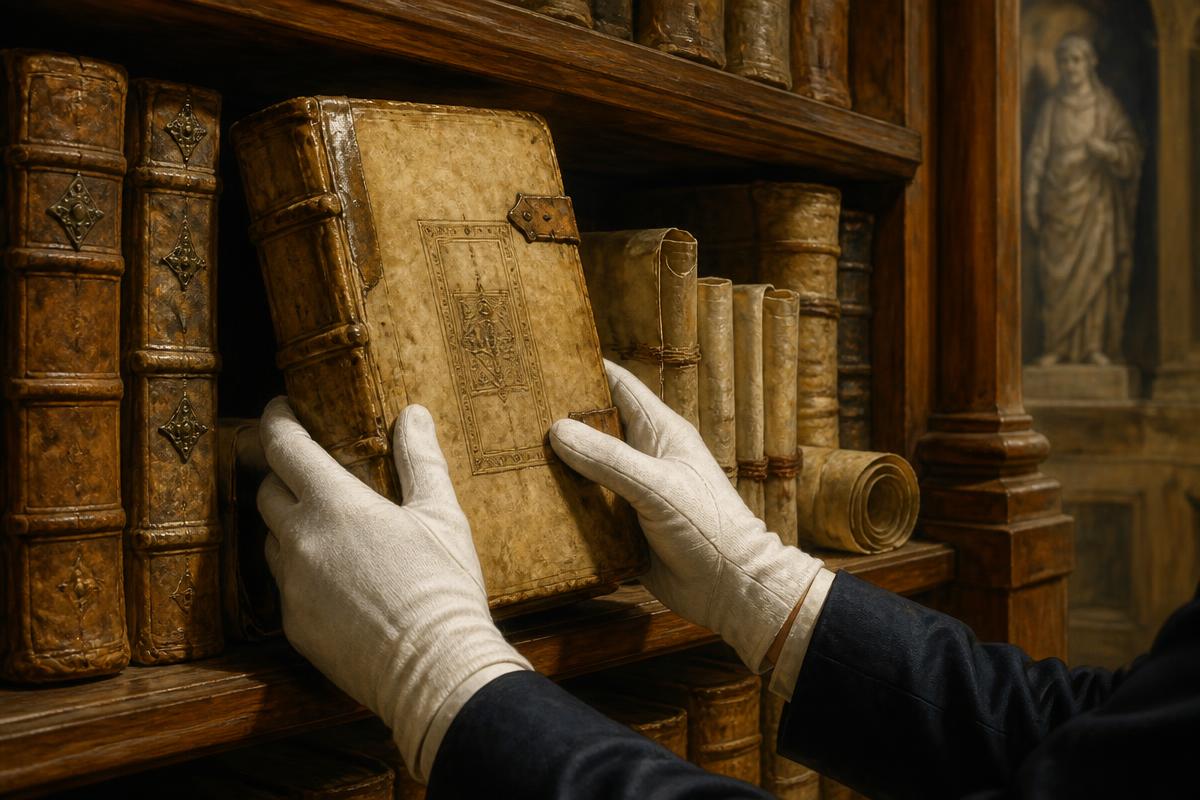 Mãos com luvas brancas manuseando manuscritos antigos em arquivo de biblioteca