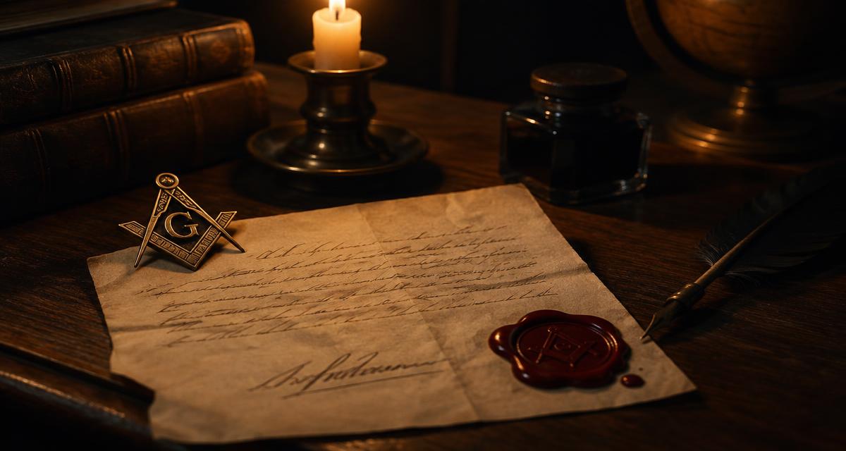 Carta antiga com assinatura, selo de lacre e distintivo de esquadro e compasso sobre mesa de madeira
