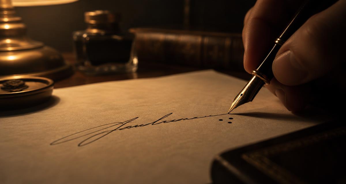 Caneta tinteiro assinando um documento com três pontos em triângulo após a assinatura