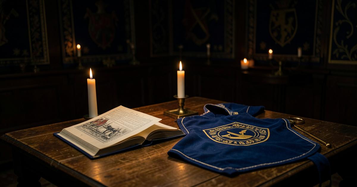 Livro ritual aberto e avental maçônico azul sobre mesa de madeira iluminada por velas