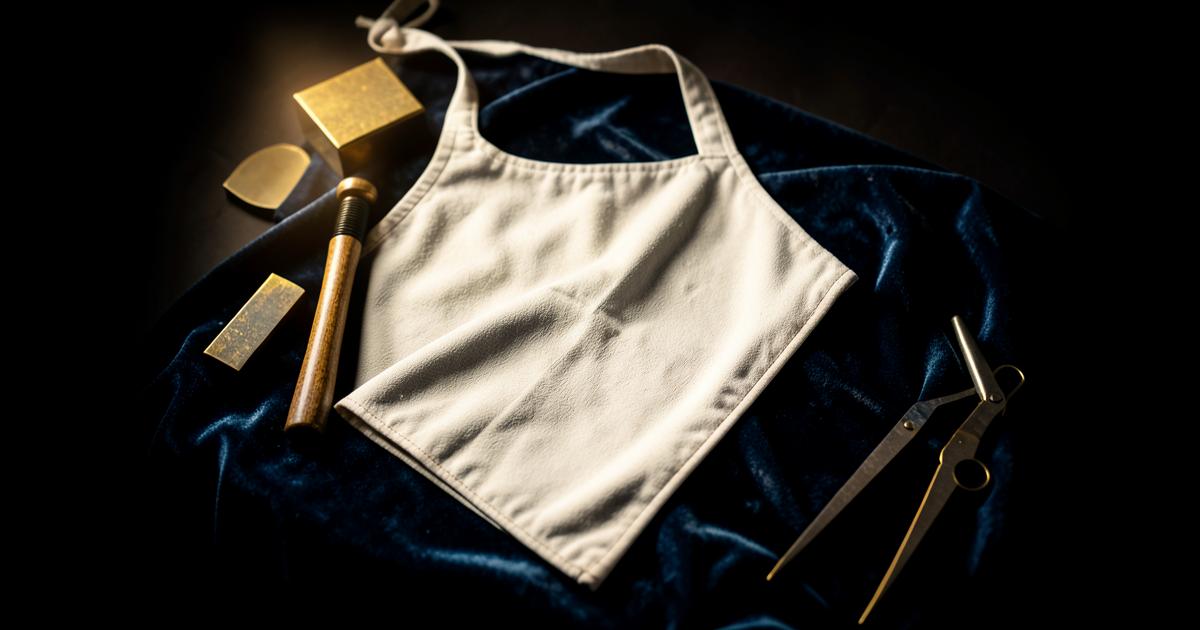 Avental maçônico de pele de cordeiro branca sobre veludo azul-escuro com esquadro, compasso e malho