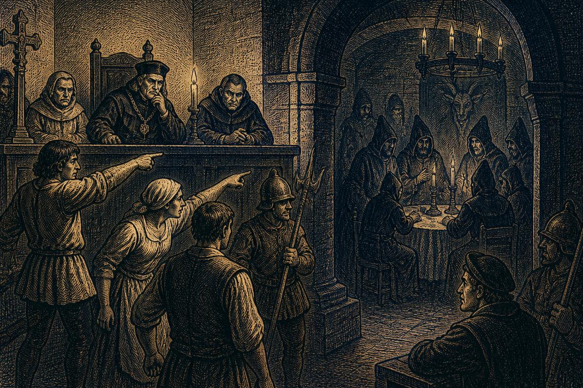 Cena de julgamento medieval acusando uma reunião secreta de culto ao bode