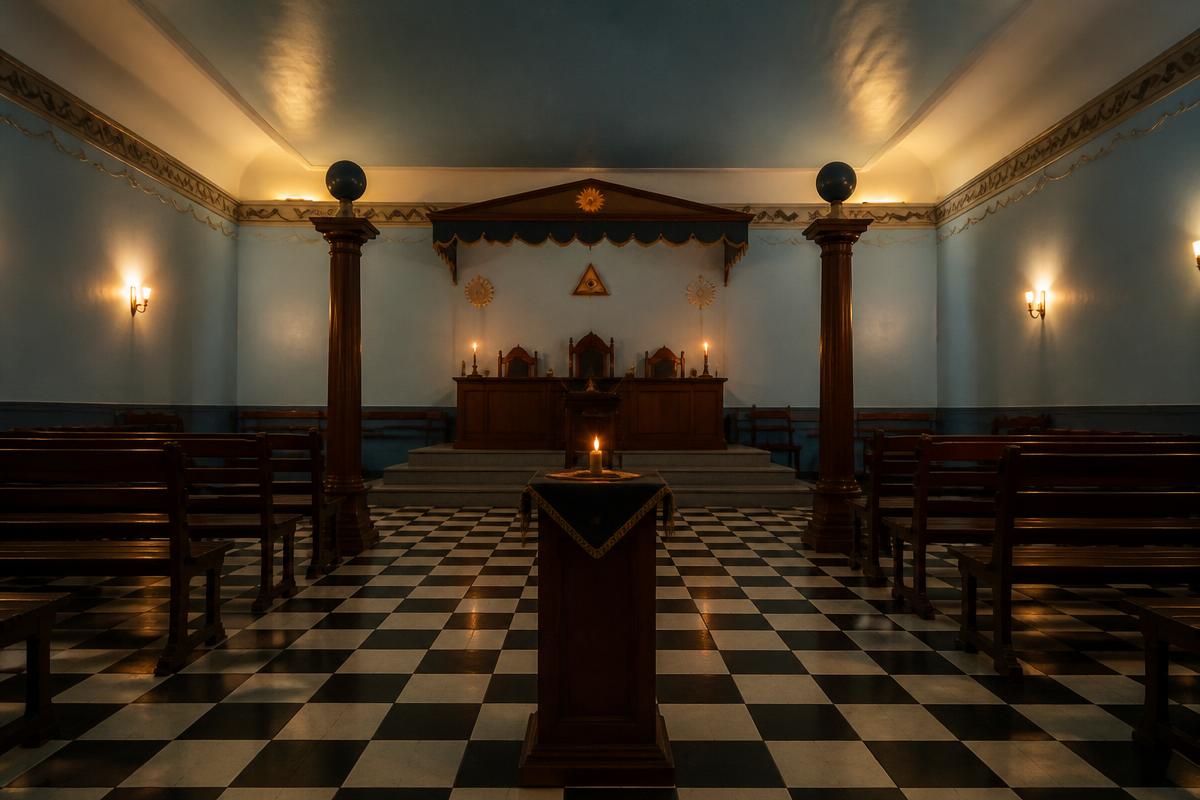 Interior de um templo maçônico com piso quadriculado e duas colunas