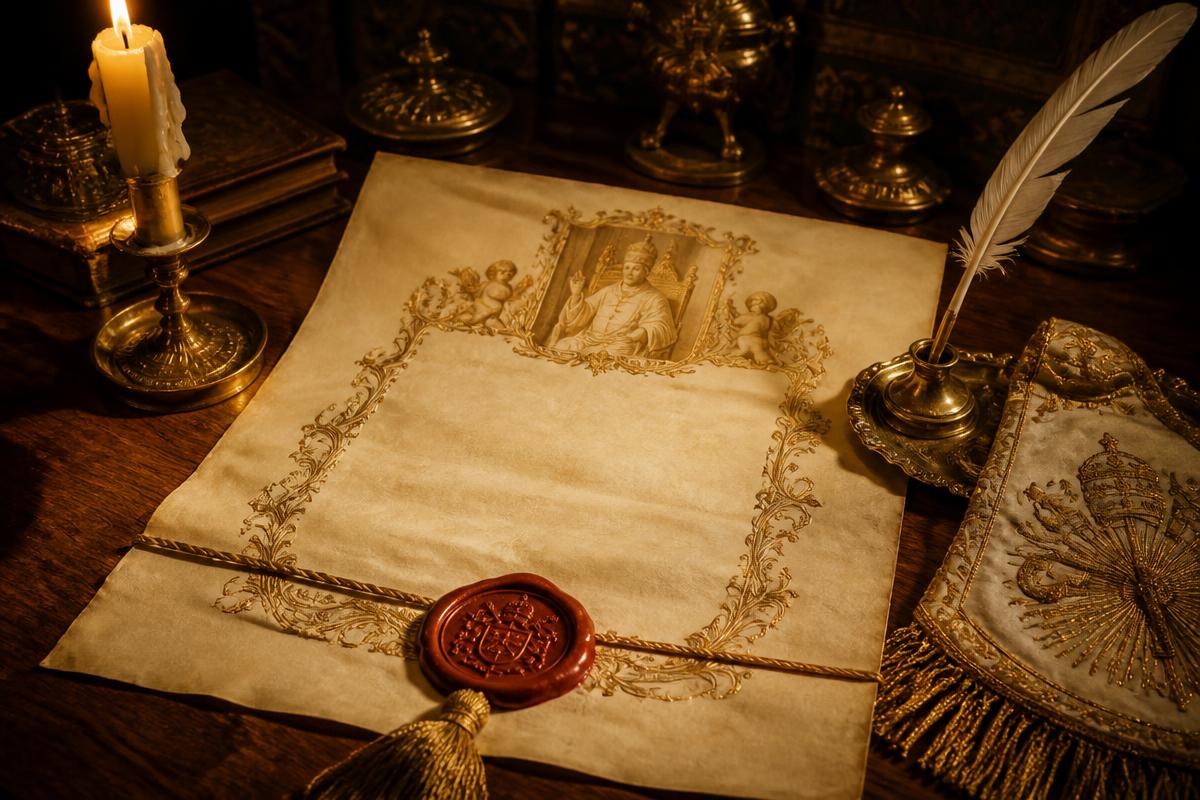 Documento pontifício antigo com selo de cera sobre mesa de madeira