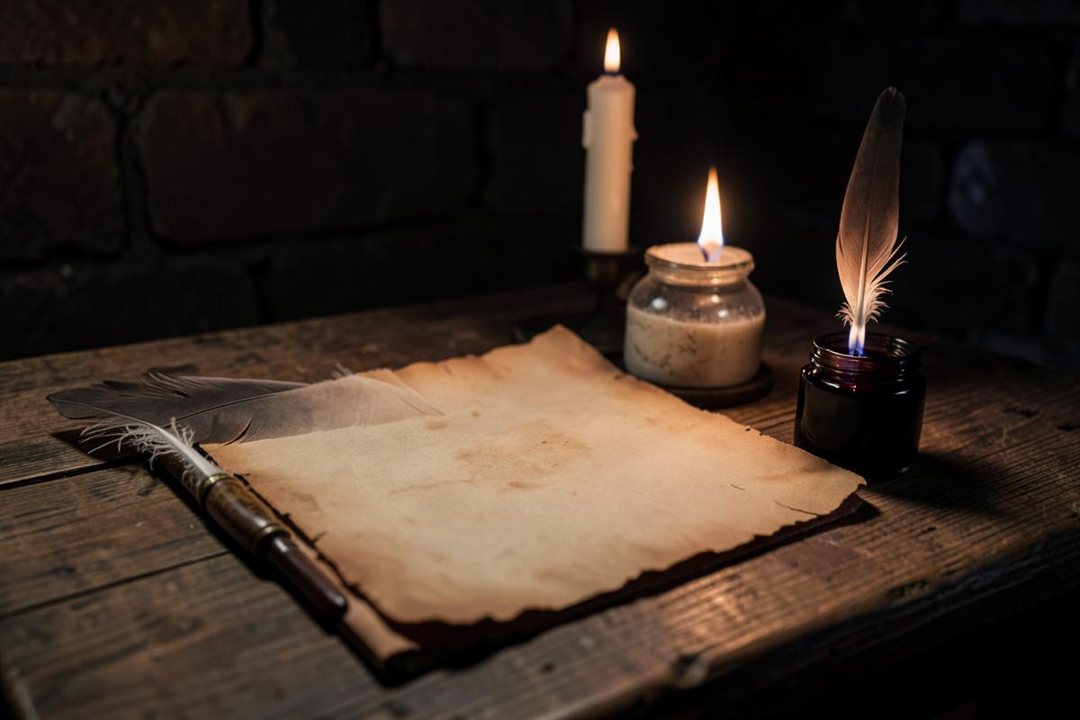 Pergaminho, pena e tinteiro à luz de vela sobre mesa de madeira