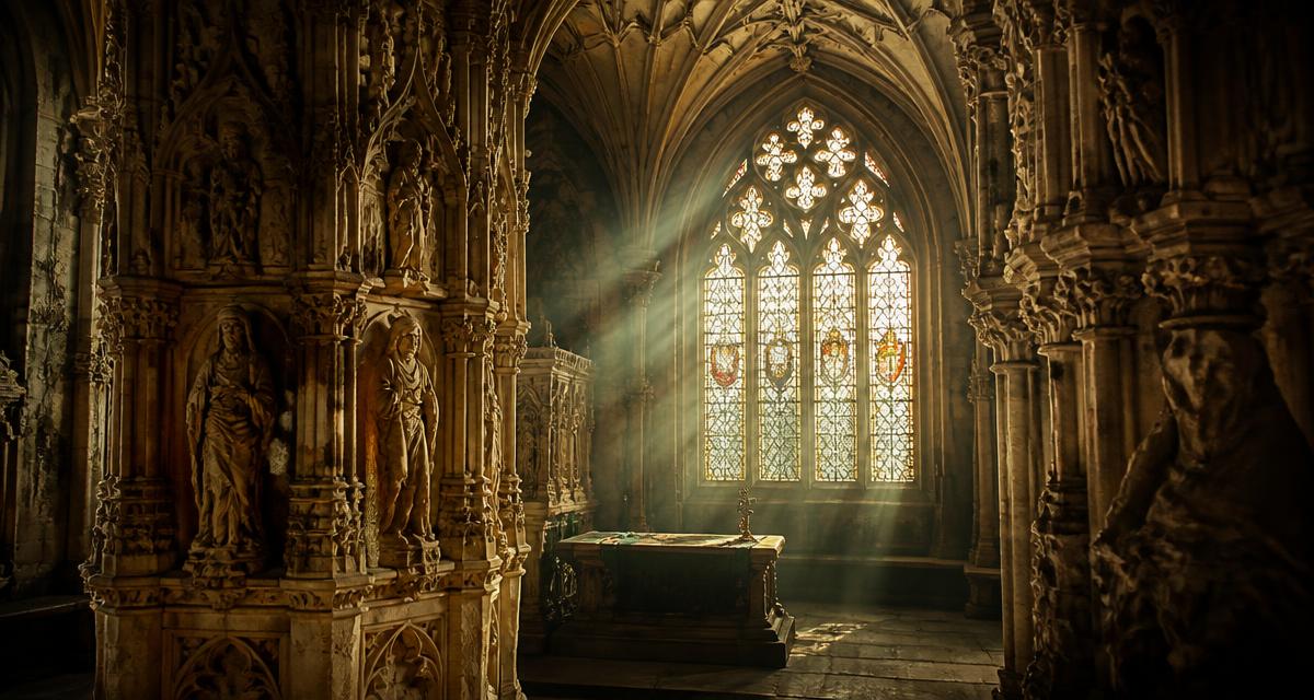 Interior da Capela de Rosslyn com pilares esculpidos e luz atravessando o vitral