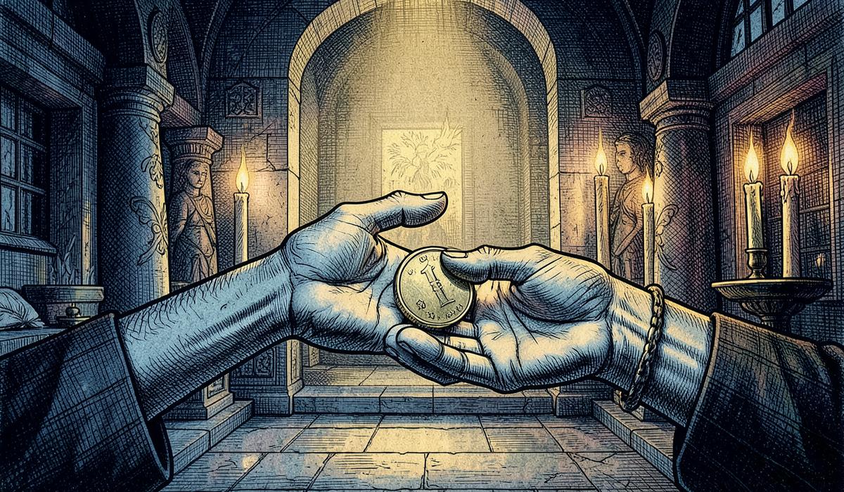 Uma moeda passando de uma mão para outra em gesto de caridade no interior de um templo