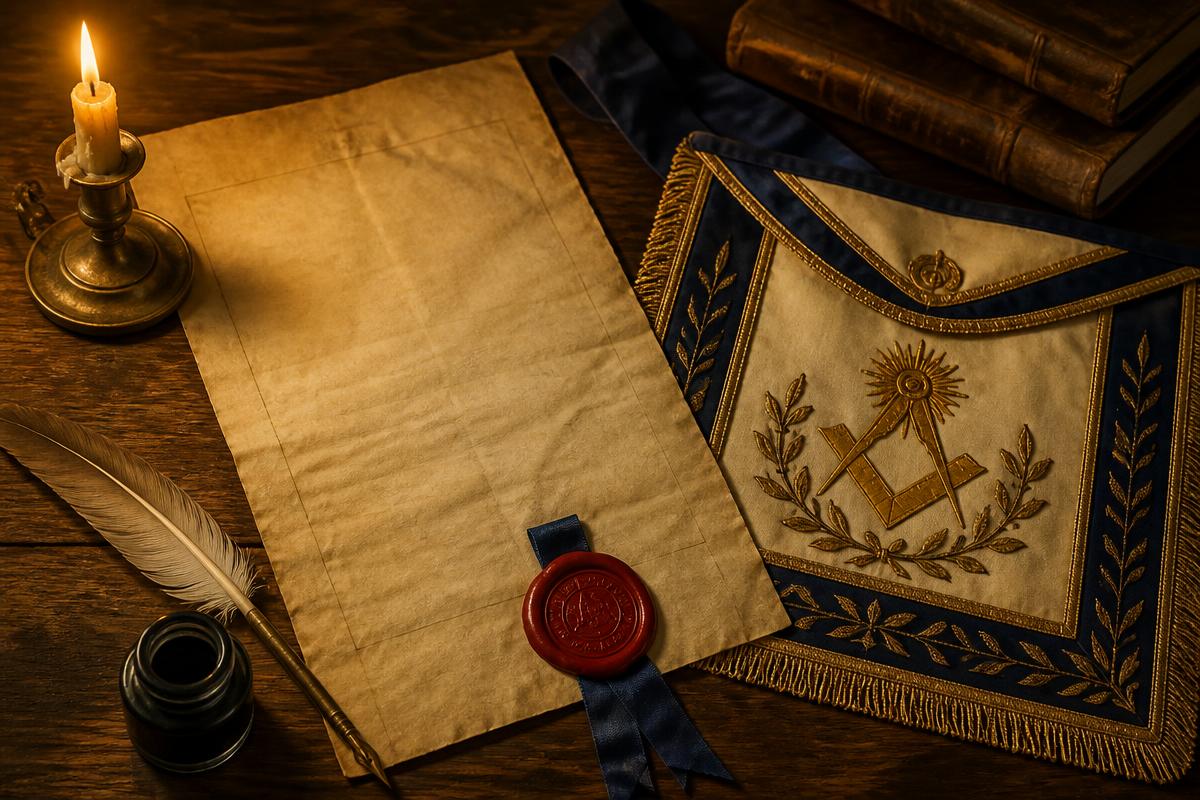 Carta constitutiva de 1784 com selo de cera, pena e avental maçônico sobre mesa de madeira