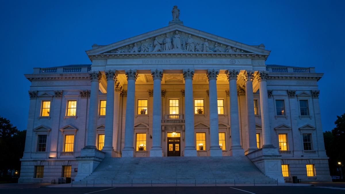 Fachada neoclássica de um templo maçônico em Washington, D.C., iluminada ao entardecer