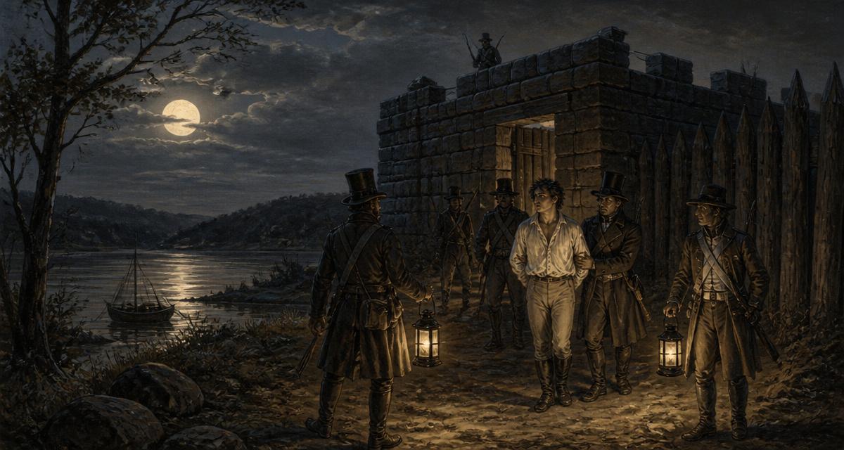 Cena noturna de 1826: homem levado à força por figuras com lanternas em uma fortificação de pedra