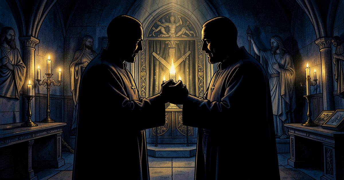 Dois mestres maçons na posição dos Cinco Pontos de Contato diante do altar da loja, à luz de velas