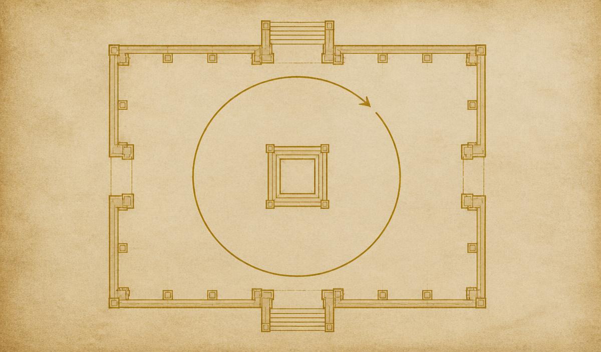 Planta de um templo maçônico com o altar central e o percurso circular em sentido horário