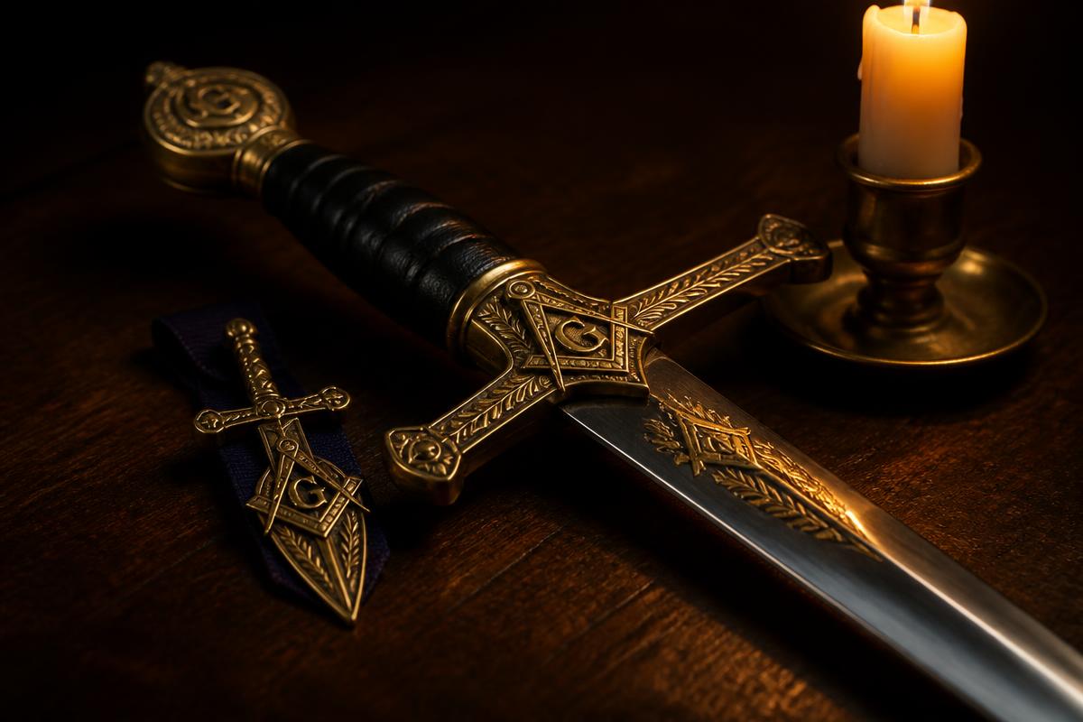 Espada cerimonial e joia do Cobridor sobre mesa de madeira
