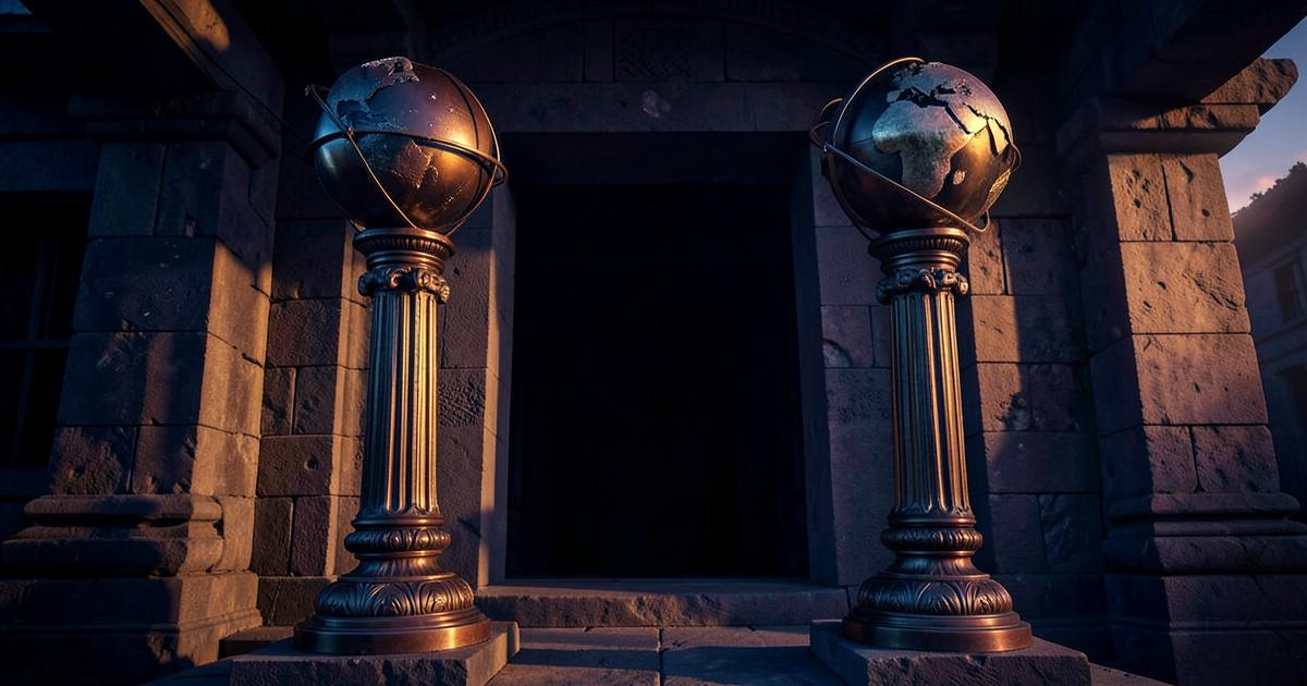 As colunas Boaz e Jachin com globos celestiais no pórtico de um templo antigo ao anoitecer