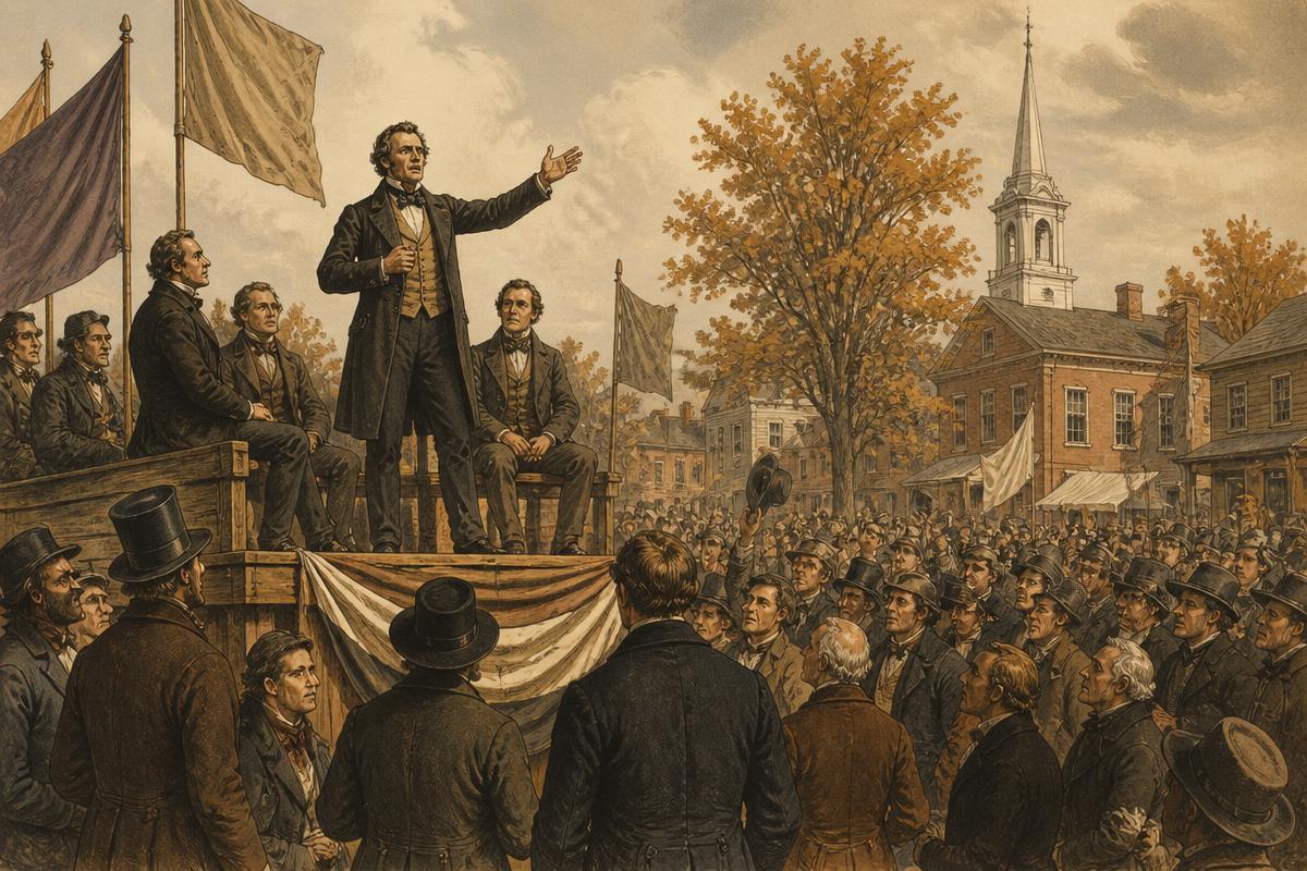 Comício político em praça de cidade pequena nos Estados Unidos, por volta de 1830