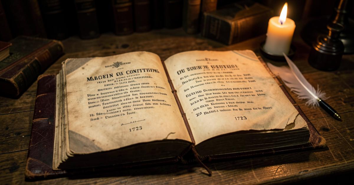 Livro antigo das constituições maçônicas de 1723 aberto sobre mesa de madeira com pena e vela