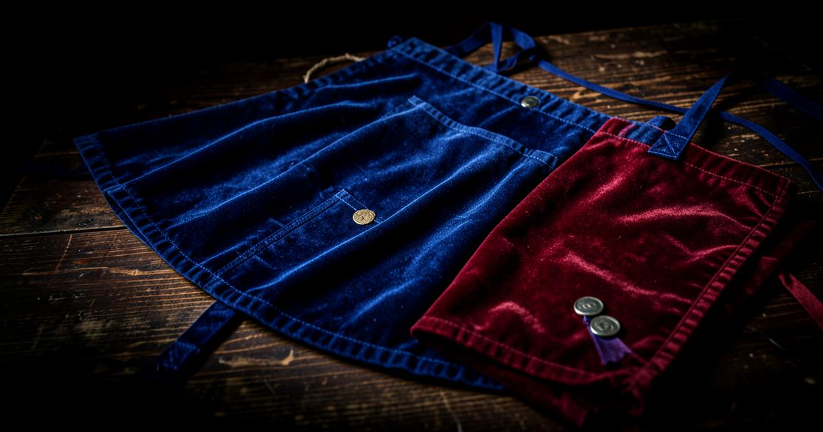 Aventais maçônicos de veludo azul e vermelho sobre madeira escura