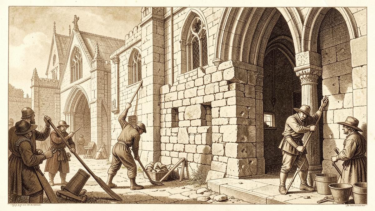 Pedreiros medievais trabalhando em uma catedral, com um trabalhador erguendo um muro rústico à parte