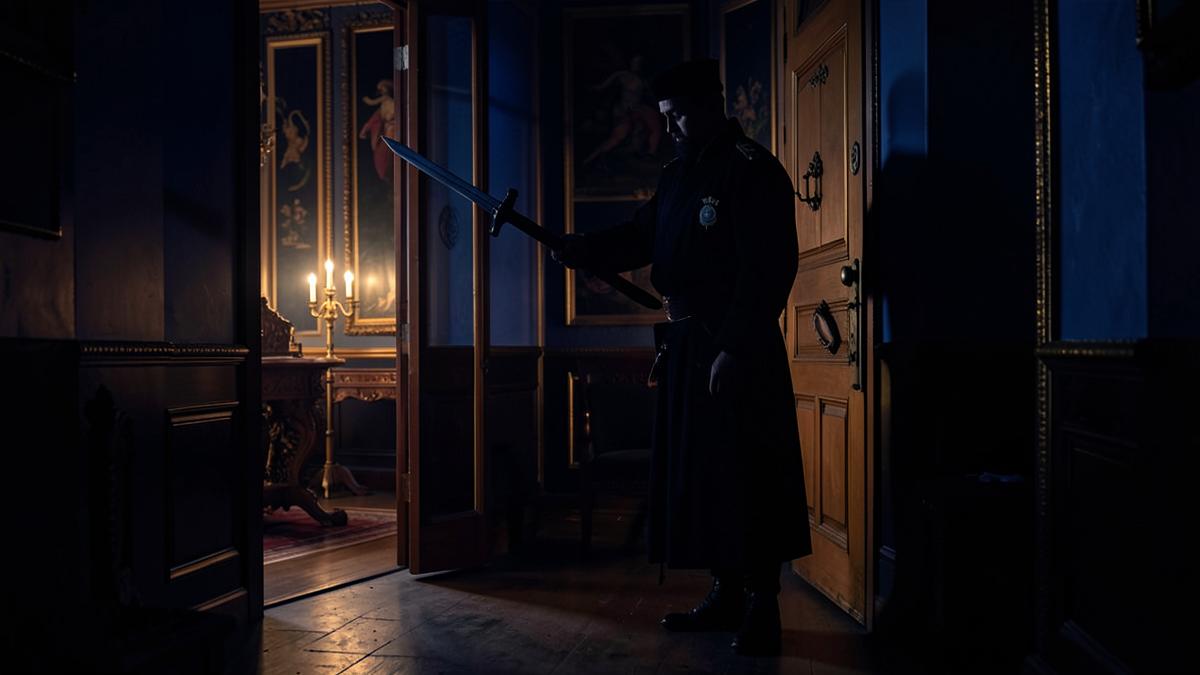 Tyler de espada em punho guardando a porta da Loja, com uma figura excluída no corredor escuro