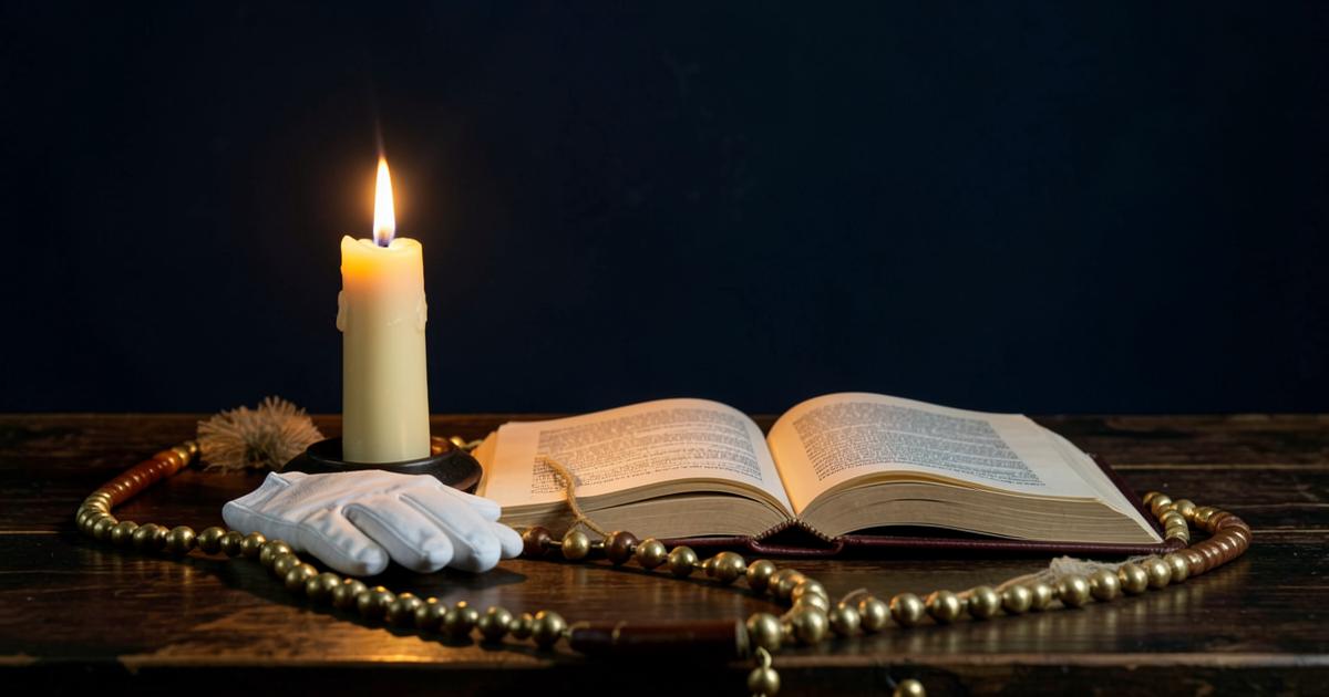 Vela acesa, livro aberto, luvas brancas e cordão sobre mesa de madeira, símbolos de virtude e estudo