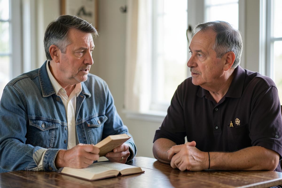 Dois homens conversando à mesa, um com a Bíblia e outro com distintivo maçônico
