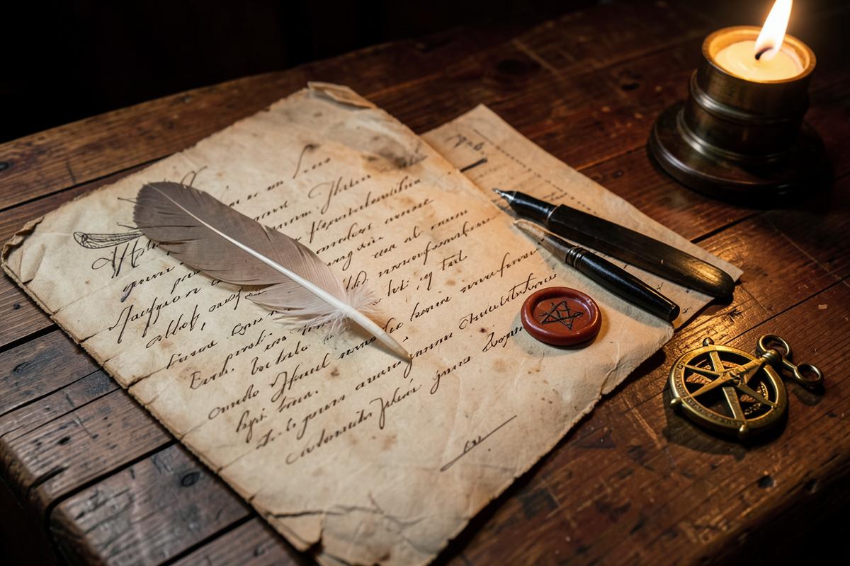 Documentos do século XVIII com pena, selo de cera e esquadro e compasso sobre mesa de madeira