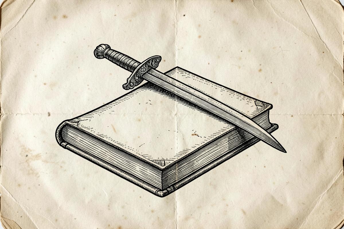 Gravura antiga de um livro fechado com uma espada apoiada sobre ele
