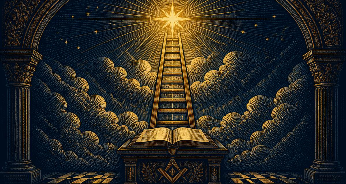 Escada de Jacó erguendo-se de um altar com o Livro da Lei aberto rumo à estrela flamejante
