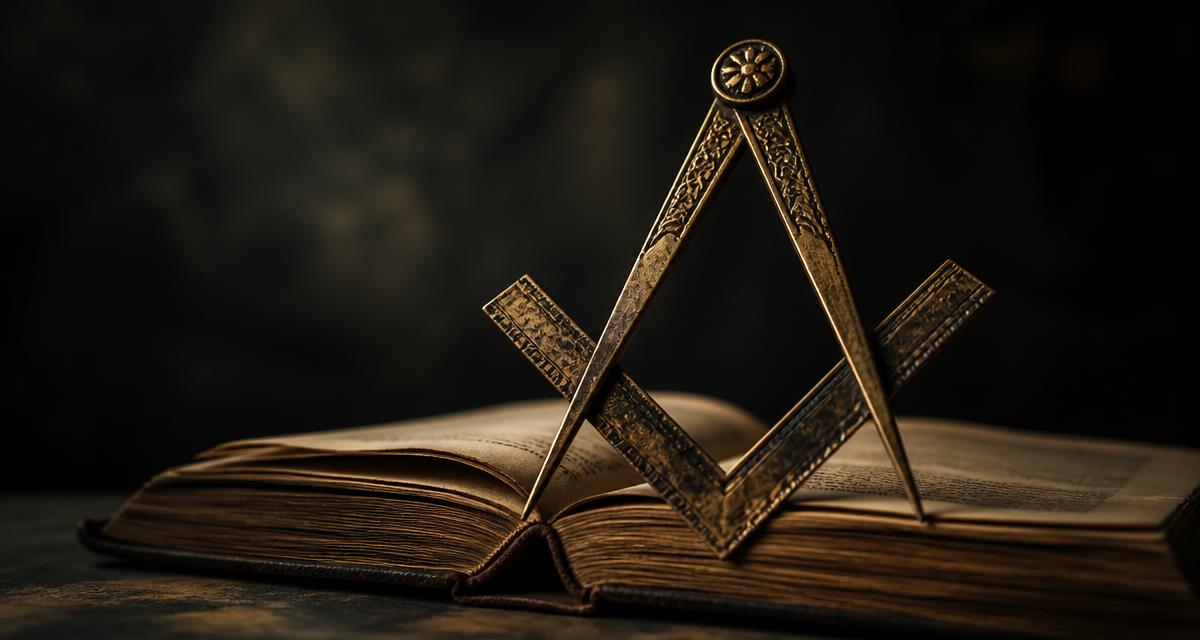 Esquadro e compasso maçônicos sobre um livro aberto