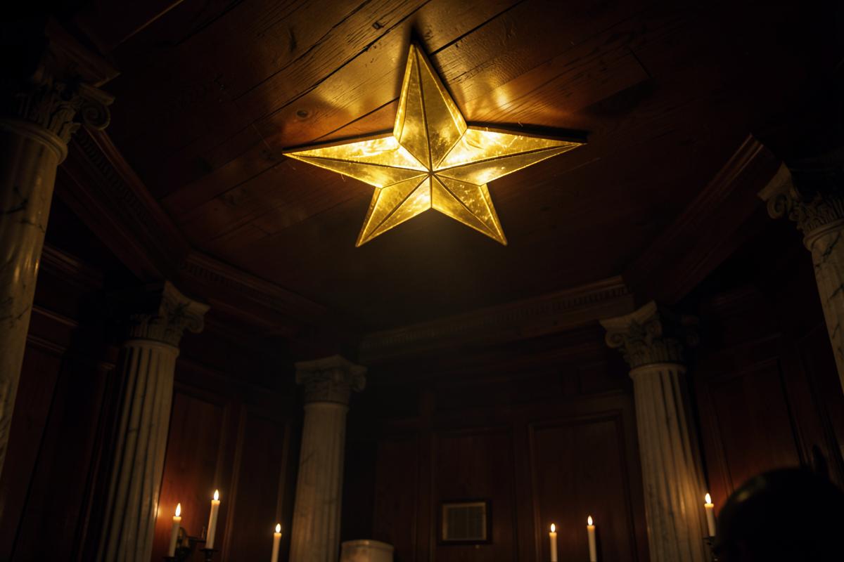 Estrela dourada de cinco pontas iluminada no teto de madeira de uma loja maçônica antiga
