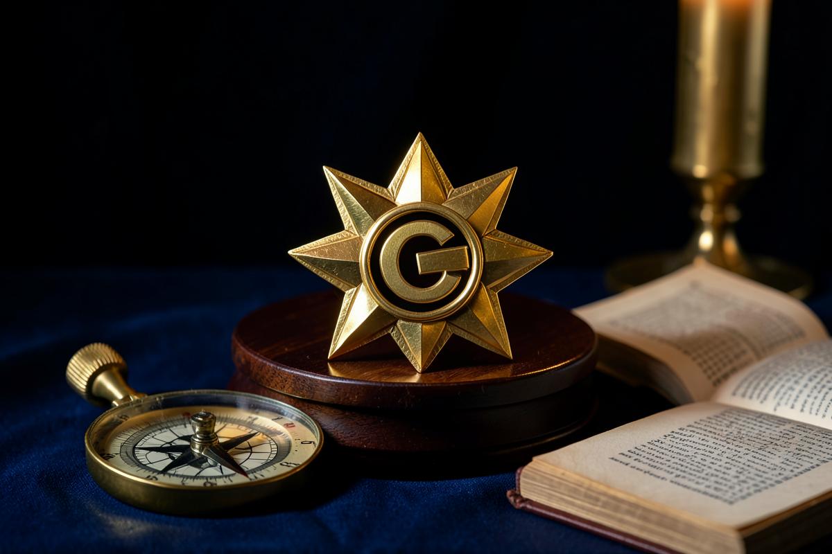 Estrela Flamejante com a letra G sobre o altar, ao lado de bússola e livro antigo