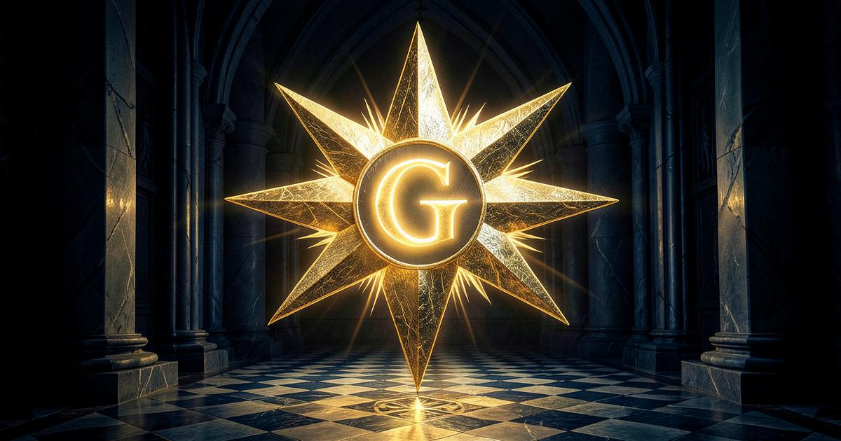 Estrela flamejante dourada de cinco pontas com a letra G ao centro, irradiando luz num templo maçônico sobre pavimento xadrez