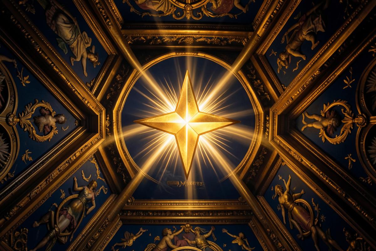 Estrela Flamejante dourada representada no teto de um templo maçônico
