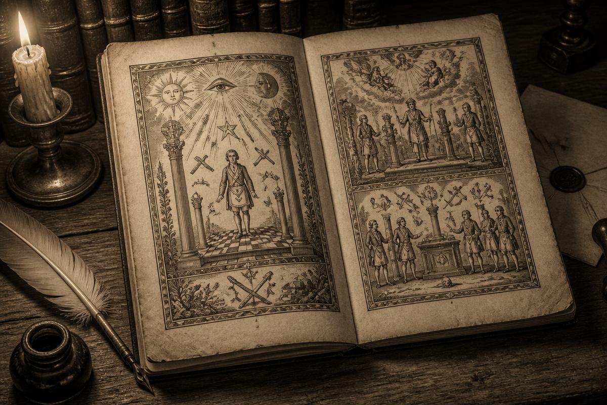 Livro antigo com gravuras maçônicas do século XVIII sobre uma mesa de madeira