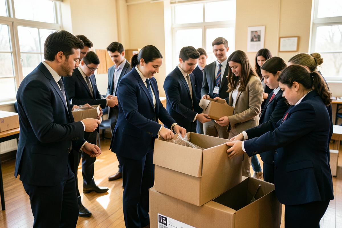Jovens em trajes formais organizando caixas de doação em um salão comunitário