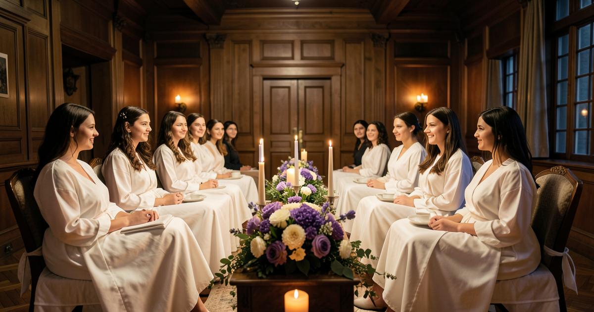 Jovens reunidas em salão com velas e flores durante cerimônia de um Bethel