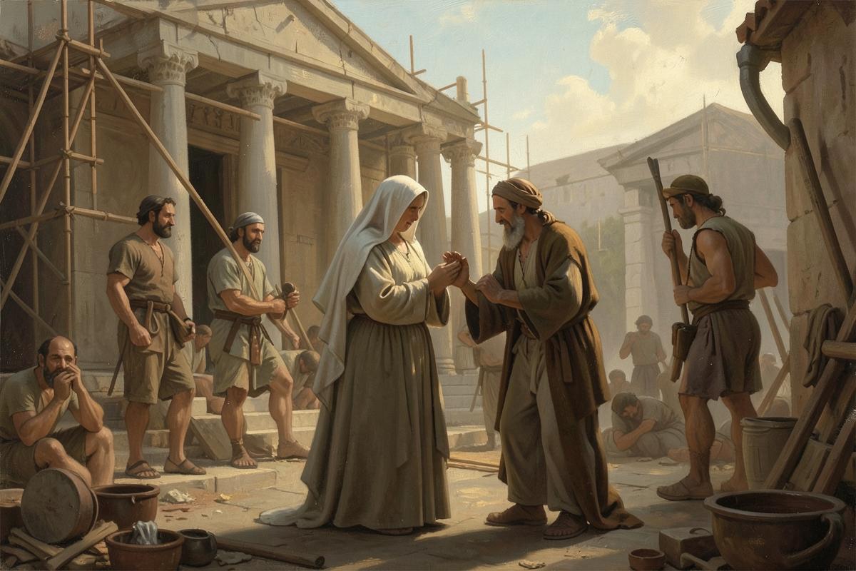 Viúva amparada por pedreiros diante de um templo em construção